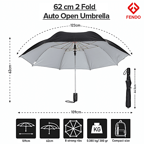 Fendo 2 Fold Umbrella - Auto Open, 62 cm , Black, 1 pc Windproof