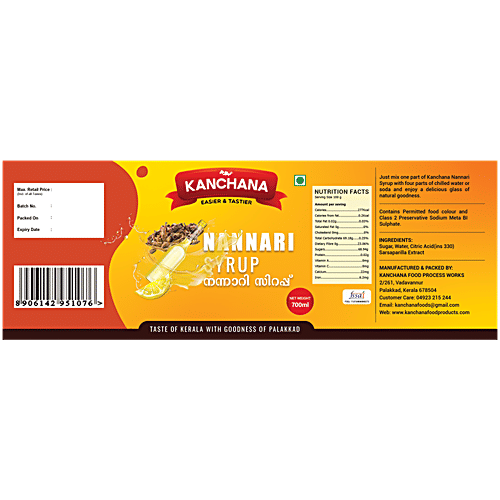 Kanchana Crush - Nannari Syrup, 700 ml PET Bottle Zero Cholesterol