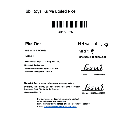 bb Royal Kurva Boiled Rice, 5 kg Pouch 
