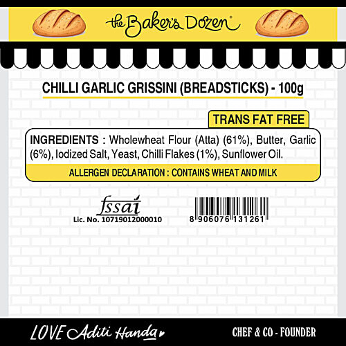 The Baker's Dozen Chilly Garlic Breadsticks, 100 g Whole Wheat, No Preservatives, Zero Maida