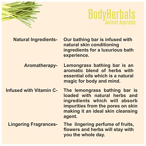 BodyHerbals Ancient Ayurveda Lemongrass Handmade Bathing Bar, 100 g (With Free Bath Puff) 