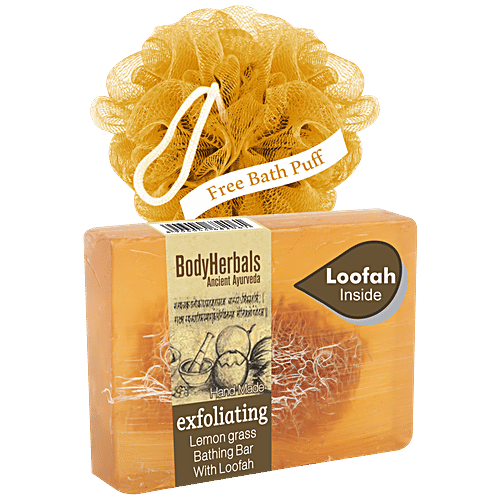 BodyHerbals Ancient Ayurveda Lemongrass Handmade Bathing Bar, 100 g (With Free Bath Puff) 