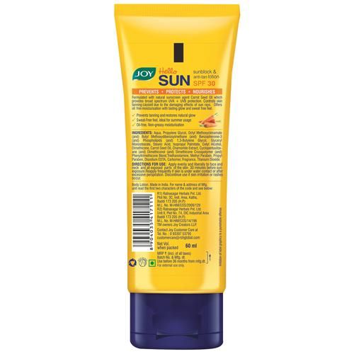 Joy Hello Sun Sunblock & Anti-tTan Lotion - SPF30, 60 ml  