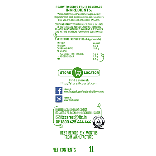 B Natural Watermelon Fruit Juice, 1 L Tetra Pak Zero Fat