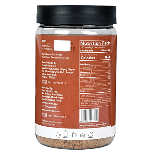 Pluck One Stevia Brown - 100% Natural Sugar Substitute, 200 g Bottle Natural, Made From Plants