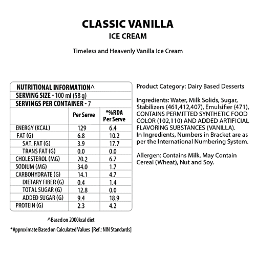 Baskin Robbins Ice Cream - Classic Vanilla, 700 ml Tub