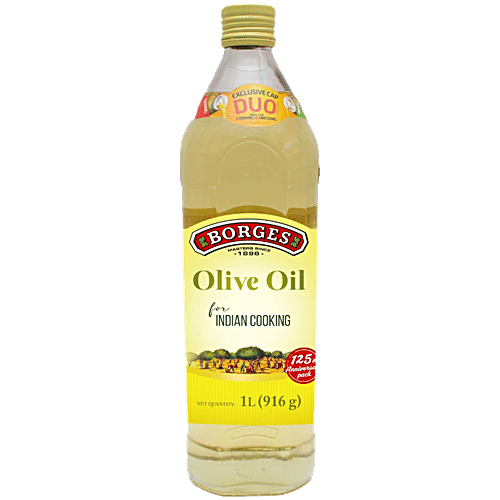 Borges Olive Oil For Indian Cooking - Frying & Baking, 1 L Glass Bottle Free from Argemone Oil