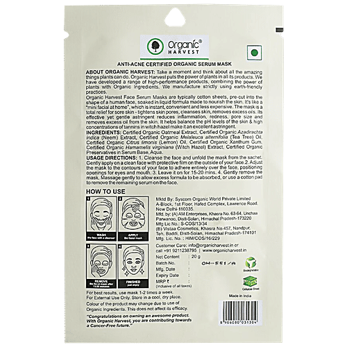 Buy Organic Harvest AntiAcne Face Sheet Mask Online at Best Price of