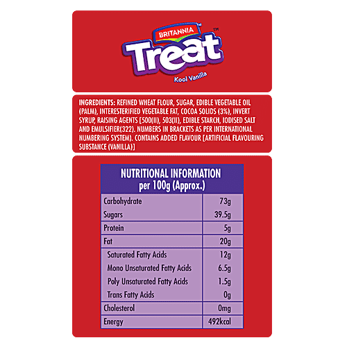 Britannia Treat Vanilla Cream Biscuit, 100 g  Zero Trans Fat