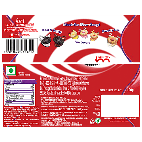 Britannia Treat Vanilla Cream Biscuit, 100 g  Zero Trans Fat