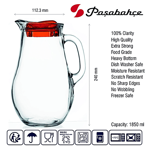 Pasabahce Glass Jug/Carafe/Bottle/Pitcher With Red Lid - Bistro, 1.85 L  