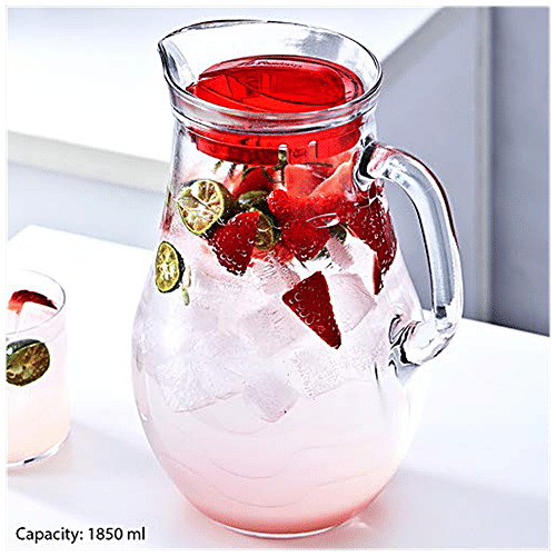 Pasabahce Glass Jug/Carafe/Bottle/Pitcher With Red Lid - Bistro, 1.85 L  