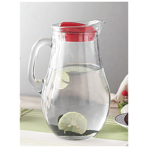 Pasabahce Glass Jug/Carafe/Bottle/Pitcher With Red Lid - Bistro, 1.85 L  