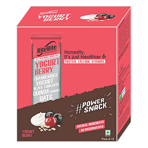 RiteBite Max Protein Multigrain Energy Bar - Yogurt Berry, Healthy Snack, High In Protein & Fibre, Cranberries, Black Currants, Quinoa Crispies, 35 g (Pack of 12) Natural Ingredients, No Preservatives