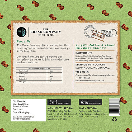 The Bread Company Nilgiri Coffee & Almond Buckwheat Oatmeal Cookies, 125 g Box 