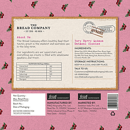 The Bread Company Very Berry Quinoa Oatmeal Cookies, 160 g Box 