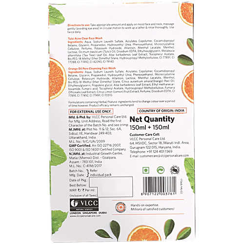 VLCC Tulsi Acne Clear Face Wash + Orange Oil Pore Cleansing Face Wash, 300 ml (Buy 1 Get 1) Paraben Free