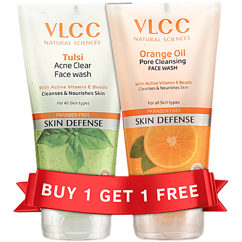 VLCC Tulsi Acne Clear Face Wash + Orange Oil Pore Cleansing Face Wash, 300 ml (Buy 1 Get 1) Paraben Free