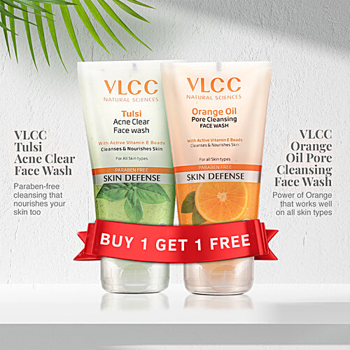 VLCC Tulsi Acne Clear Face Wash + Orange Oil Pore Cleansing Face Wash, 300 ml (Buy 1 Get 1) Paraben Free