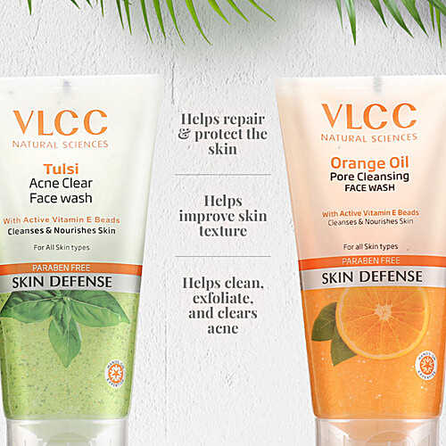 VLCC Tulsi Acne Clear Face Wash + Orange Oil Pore Cleansing Face Wash, 300 ml (Buy 1 Get 1) Paraben Free