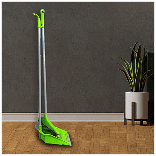 Liao Broom & Dustpan Combo - Nylon Bristles, Plastic With 2.9 Powder Coated Metal Rod, Green, C130020R, 2 pcs  Combo