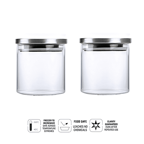 Cello Storage Container/Jar with Steel Lid - Transparent, Borosilicate Glass, Plain, Round, 500 ml (Set of 2) 