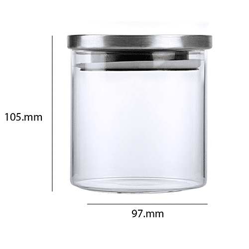 Cello Storage Container/Jar with Steel Lid - Transparent, Borosilicate Glass, Plain, Round, 500 ml (Set of 2) 