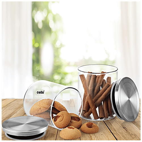 Cello Storage Container/Jar with Steel Lid - Transparent, Borosilicate Glass, Plain, Round, 500 ml (Set of 2) 