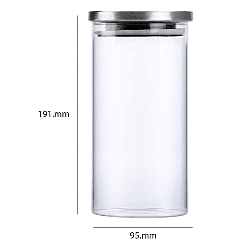 Cello Container/Jar with Steel Lid - Transparent, Borosilicate Glass, Plain, Cylindrical, 1 L  