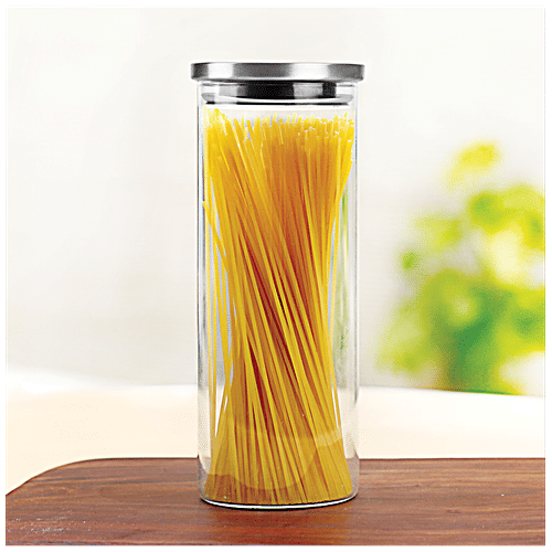 Cello Container/Jar with Steel Lid - Transparent, Borosilicate Glass, Plain, Cylindrical, 1 L  