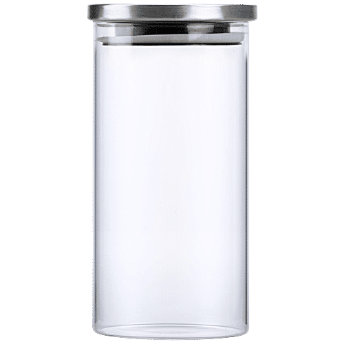 Cello Container/Jar with Steel Lid - Transparent, Borosilicate Glass, Plain, Cylindrical, 1 L  