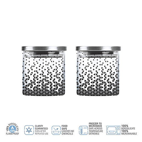 Cello D'ziner Steelox Storage Container/Jar with Steel Lid - Transparent, Borosilicate Glass, Triangle Printed, Round, 500 ml (Set of 2) 