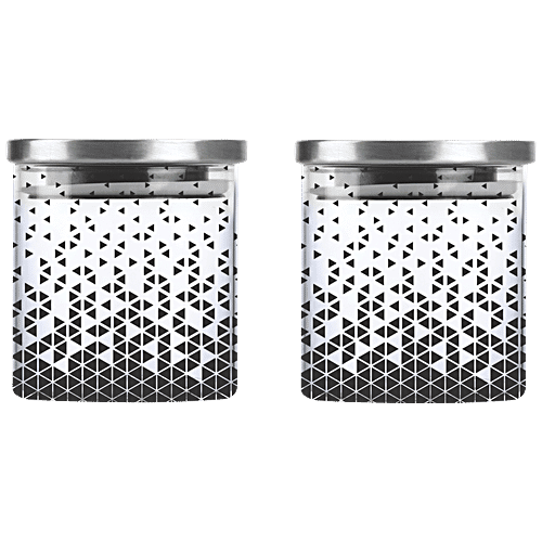Cello D'ziner Steelox Storage Container/Jar with Steel Lid - Transparent, Borosilicate Glass, Triangle Printed, Round, 500 ml (Set of 2) 