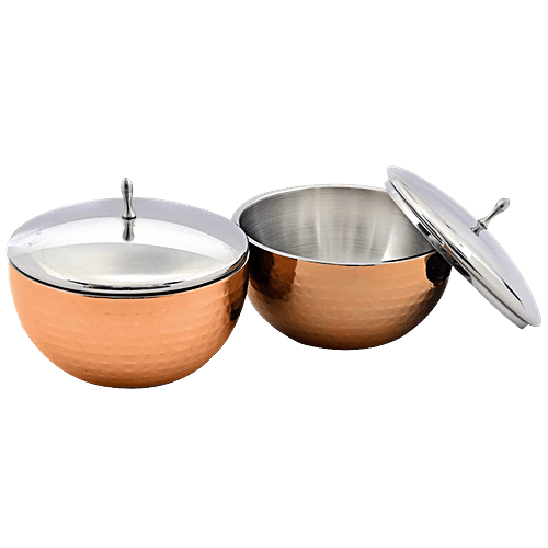 Shri & Sam Serving Bowl Stainless Steel Copper Plating With Lid - Glory, 1.2 L (Set of 2) Rust Free, Dishwasher Friendly