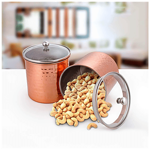 Shri & Sam Storage Canister/Container With Air Tight Glass Lid - Cantera, Stainless Steel Copper Plating, 700 ml (Set of 2) 