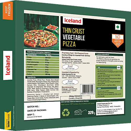 Iceland Vegetable Thin Crust Pizza, 329 g  No Preservatives & No Trans Fat