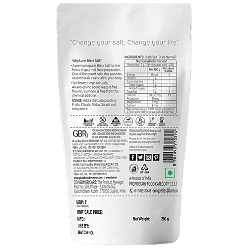 Lunn Black Salt - Fine Grain, 200 g Pouch Premium Quality
 No Anti Caking Agent
 Vegan