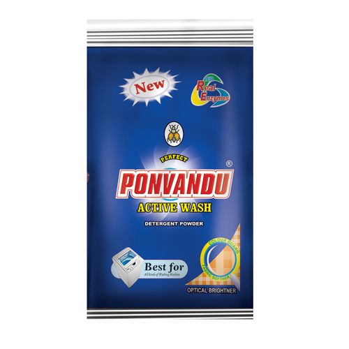 Ponvandu Active Wash Detergent Powder, 500 g Pouch Optical Brightener, With Real Enzymes, Colour Guard