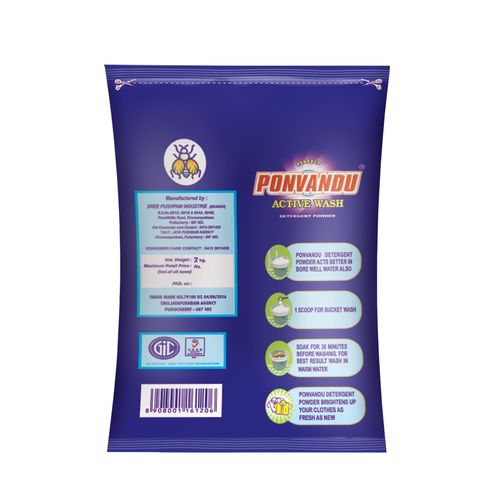 Ponvandu Active Wash Detergent Powder - Top & Front Load, 2 kg (Buy 1 Get 1 Free) Optical Brightener, With Real Enzymes, Colour Guard