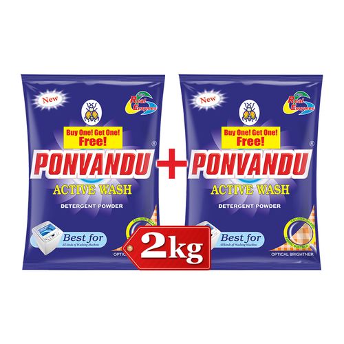 Ponvandu Active Wash Detergent Powder - Top & Front Load, 2 kg (Buy 1 Get 1 Free) Optical Brightener, With Real Enzymes, Colour Guard