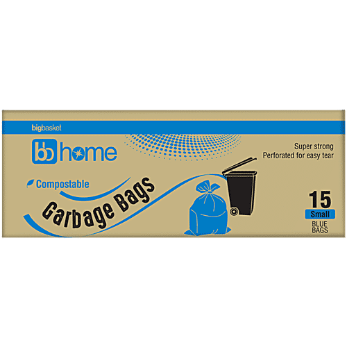 bb home Garbage Bags - Small, Blue, 43x48 cm, 15 pcs (Compostable) Super Strong, Perforated for Easy Tear
