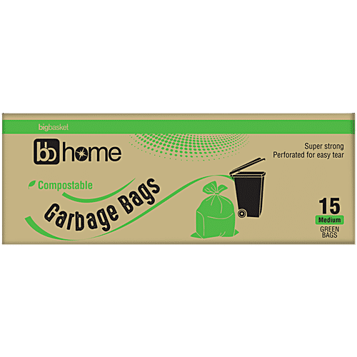 bb home Garbage Bags - Medium, Green, 48 x 53 cm, 15 pcs (Compostable) Super Strong, Perforated for Easy Tear