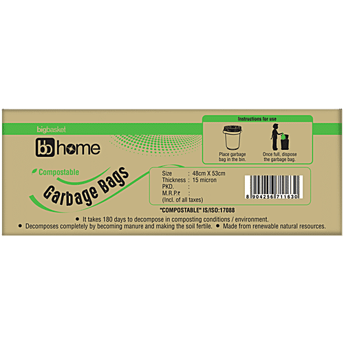 bb home Garbage Bags - Medium, Green, 48 x 53 cm, 15 pcs (Compostable) Super Strong, Perforated for Easy Tear