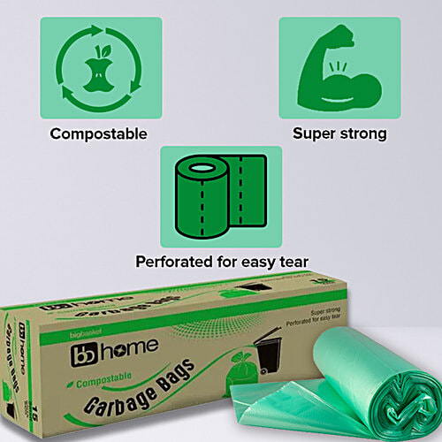 bb home Garbage Bags - Medium, Green, 48 x 53 cm, 15 pcs (Compostable) Super Strong, Perforated for Easy Tear