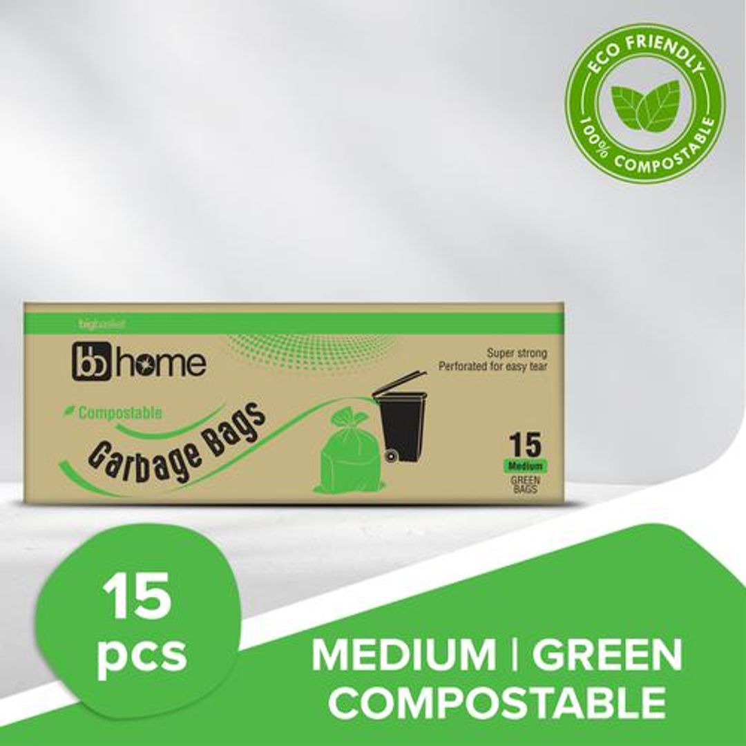 BB Home Garbage Bags - Medium, Green, 48 x 53 cm, 15 pcs (Compostable)