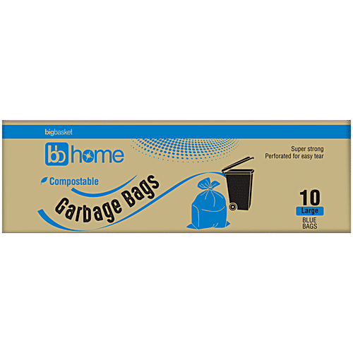 bb home Garbage Bags - Large, Blue, 61x81 cm, 10 pcs (Compostable) Super Strong, Perforated for Easy Tear