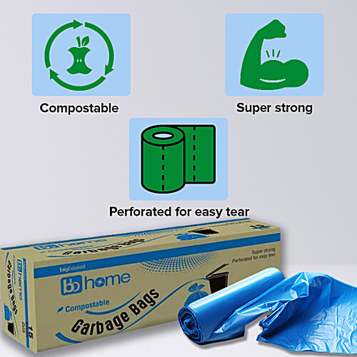 bb home Garbage Bags - Large, Blue, 61x81 cm, 10 pcs (Compostable) Super Strong, Perforated for Easy Tear