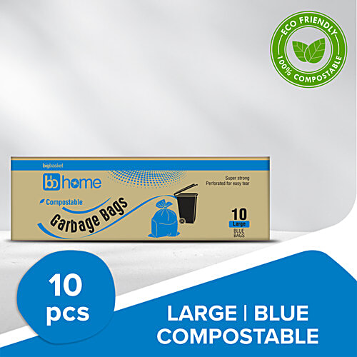 bb home Garbage Bags - Large, Blue, 61x81 cm, 10 pcs (Compostable) Super Strong, Perforated for Easy Tear