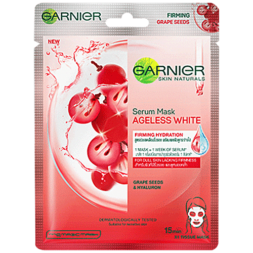 Garnier Skin Naturals Ageless White Face Serum Sheet Mask - Grape Seeds & Hyaluron, Red, 28 g