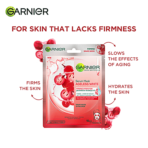 Garnier Skin Naturals Ageless White Face Serum Sheet Mask - Grape Seeds & Hyaluron, Red, 28 g